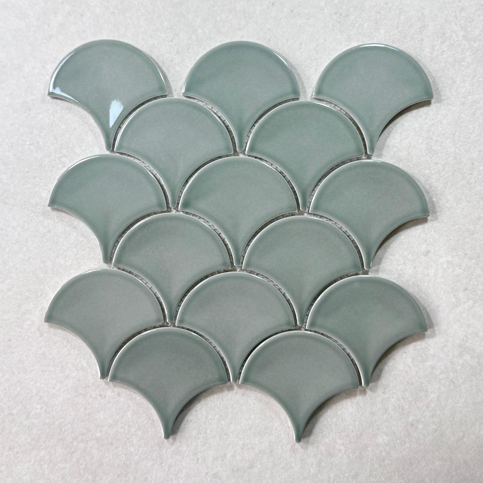 Olive Fan Fish Scale Wave Gloss Porcelain Mosaic 7673