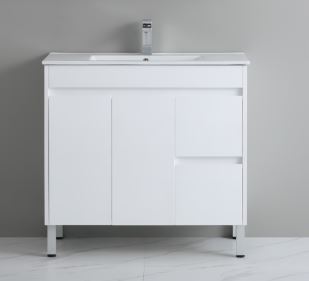 PVC Pola White Gloss Free Standing Vanity with Ceramic Top Drawers Right Doors Left 09937
