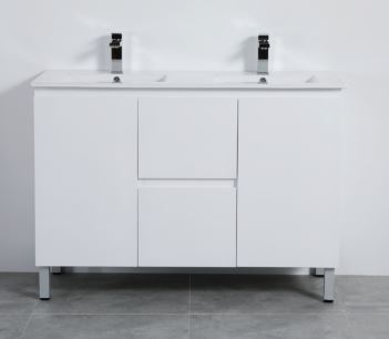PVC Pola White Gloss Free Standing Vanity with Double Basin Ceramic Top Drawers Centered Doors Left & Right 09941