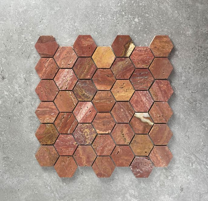 Hexagon Red Travertine Honed Mosaic 7721