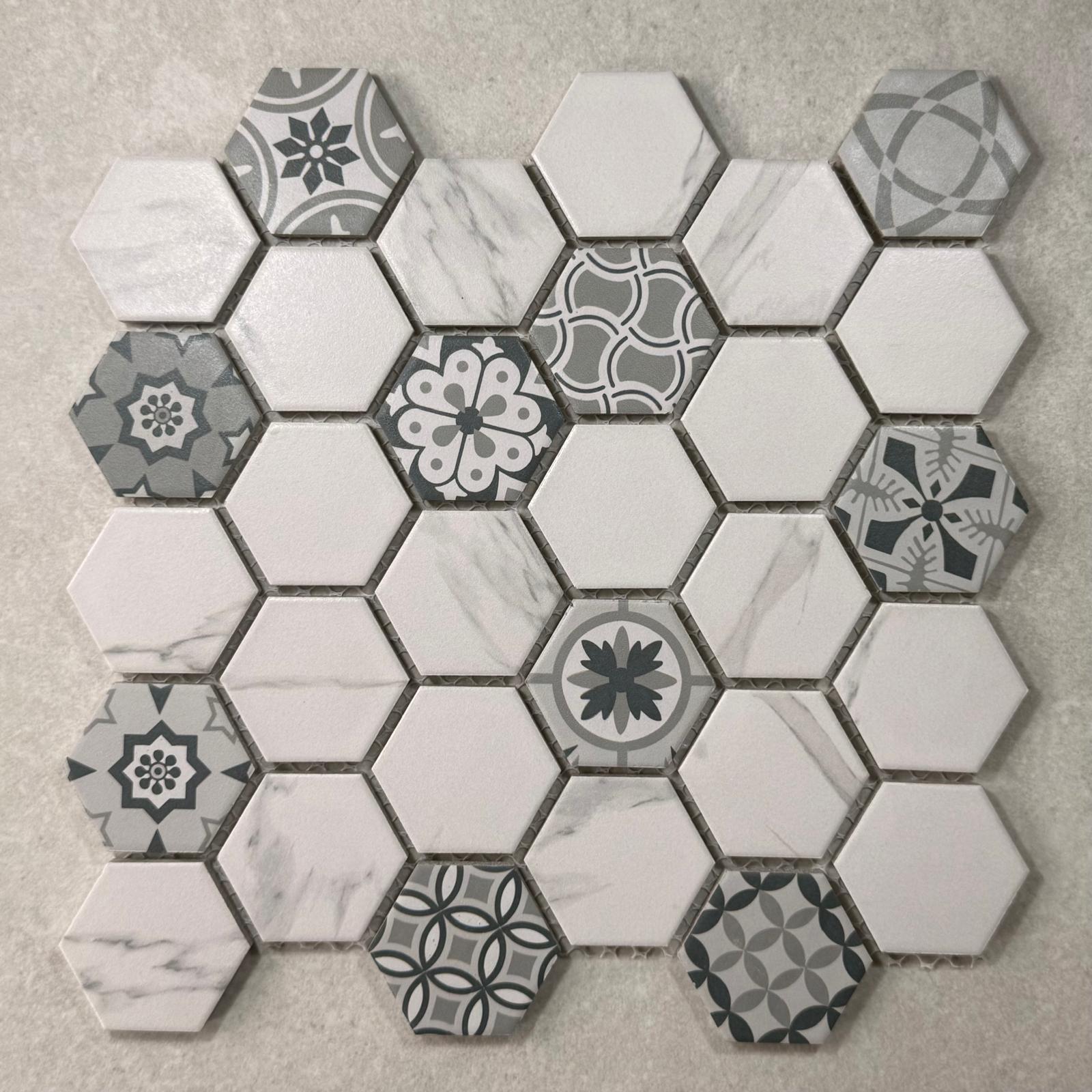 Mixed Carrara Hexagon Matt Finish Porcelain Mosaic 7868