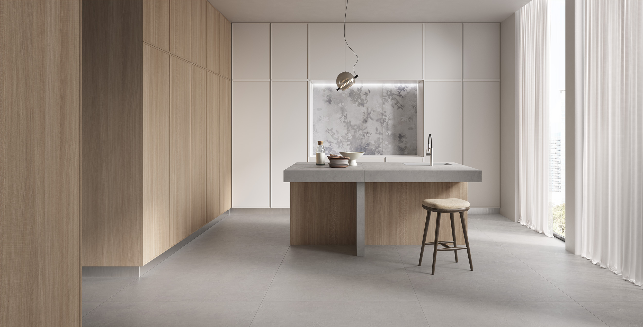 Soft Light Grey Brushed Cement Look Italian Rectified Porcelain Tile 0514