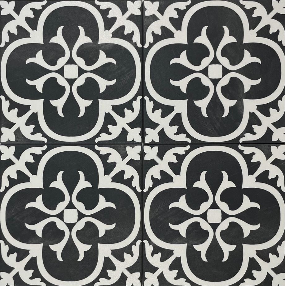 Gatsby Black and White Vintage Floral Anti Slip Italian Non Rectified Porcelain Décor Look Tile 3970
