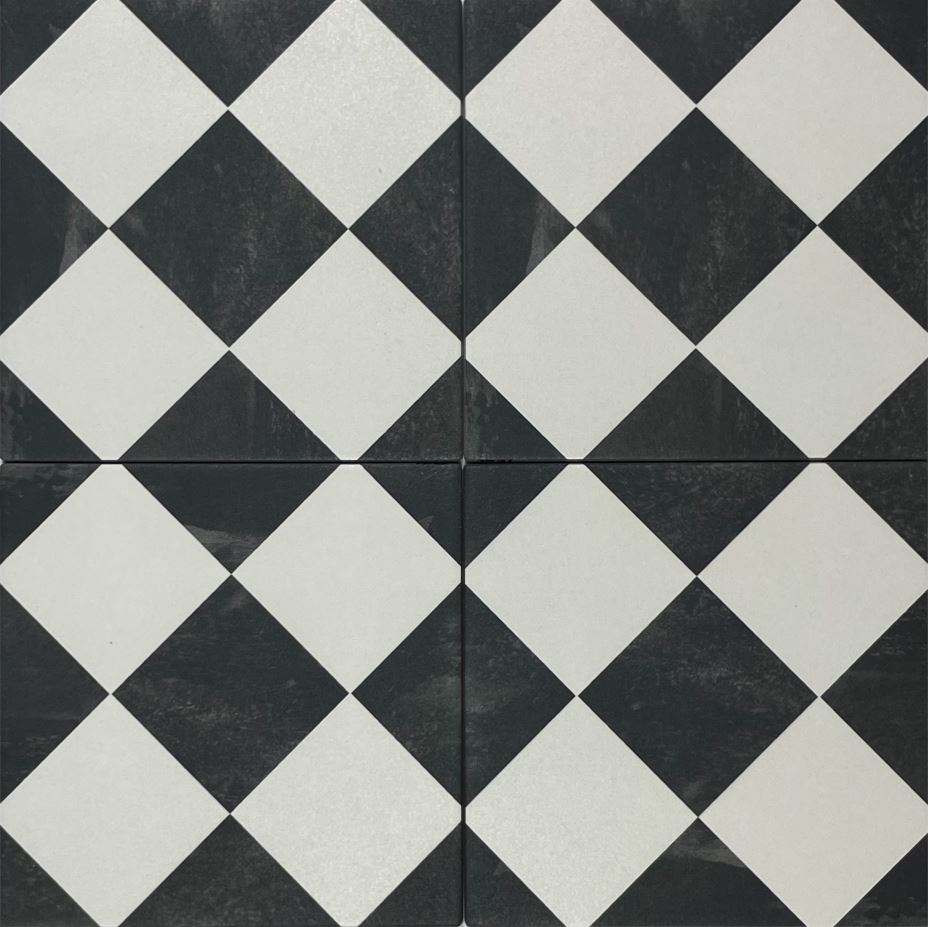 Gatsby Black and White Vintage Checkered Anti Slip Italian Non Rectified Porcelain Décor Look Tile 3971