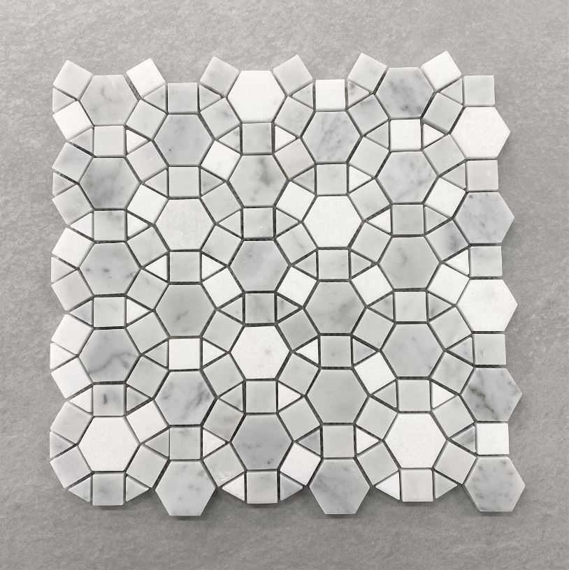 Geometric Round Pattern Honed Carrara Marble Mosaic 7586
