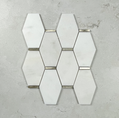 Brushed Aluminium & Polished White Marble Elongated Hexagon Mosaic 7658