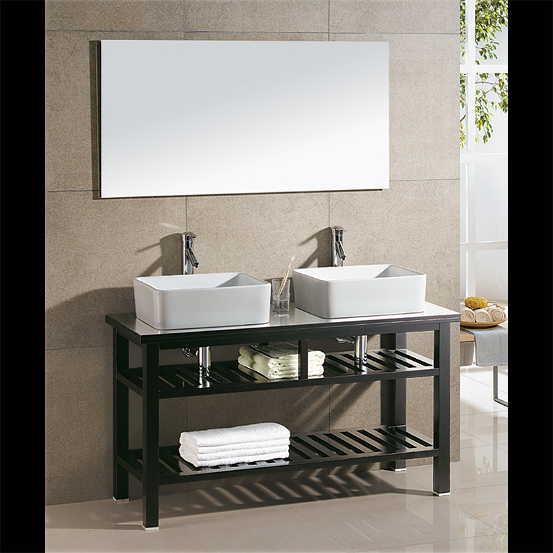 1300(w) x 460(d) x 875(h)mm Modern Vanity With Double Bowls Open Slats Shelves with Mirror (#9185)