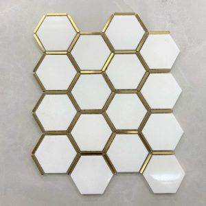 White Quartz Hexagon Mosaic With Stainless Steel Gold Trim 330x280mm (#7571)