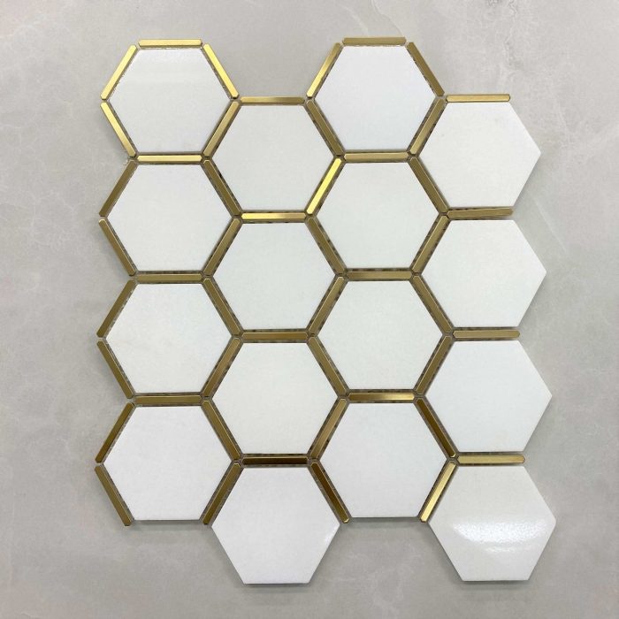 White Quartz Hexagon Mosaic with Stainless Steel Gold Trim 7571