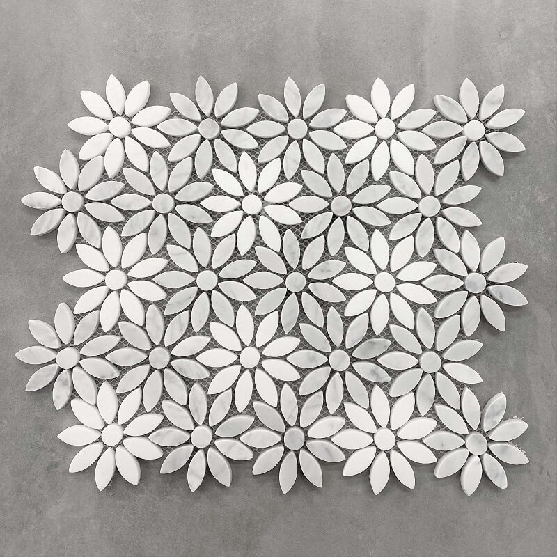 300x300mm Daisy Flower Honed Carrara Marble Mosaic 7585 Tile Factory Outlet