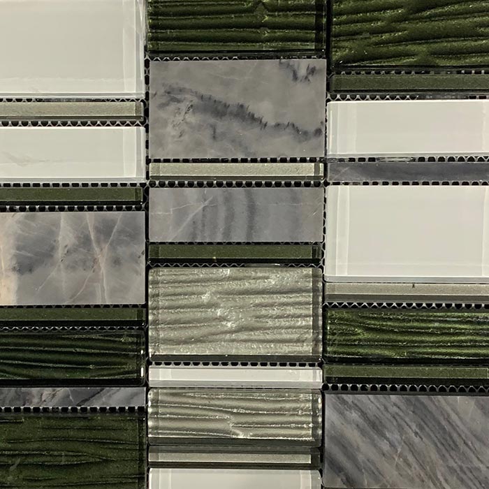 Grey Marble and Green Glass Mixed Size Mosaic Sheet 300x300mm7813