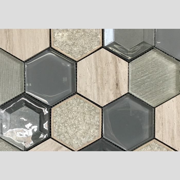 303x260mm Hexagon Mixed Antracite Stone Mosaic 7342