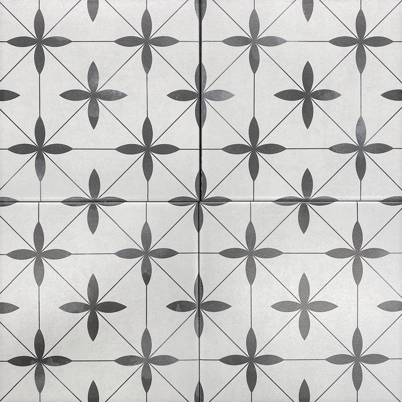 Retro White & Charcoal Leaf Pattern Matt Non Rectified Porcelain Decor Tile 3453