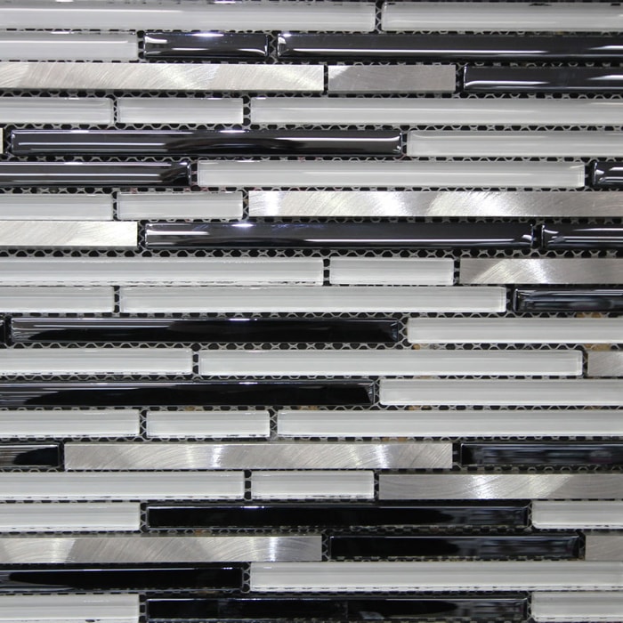 White and Black Glass with Brushed Metal Strips Mosaic Tile (298x286mm)(#7547)